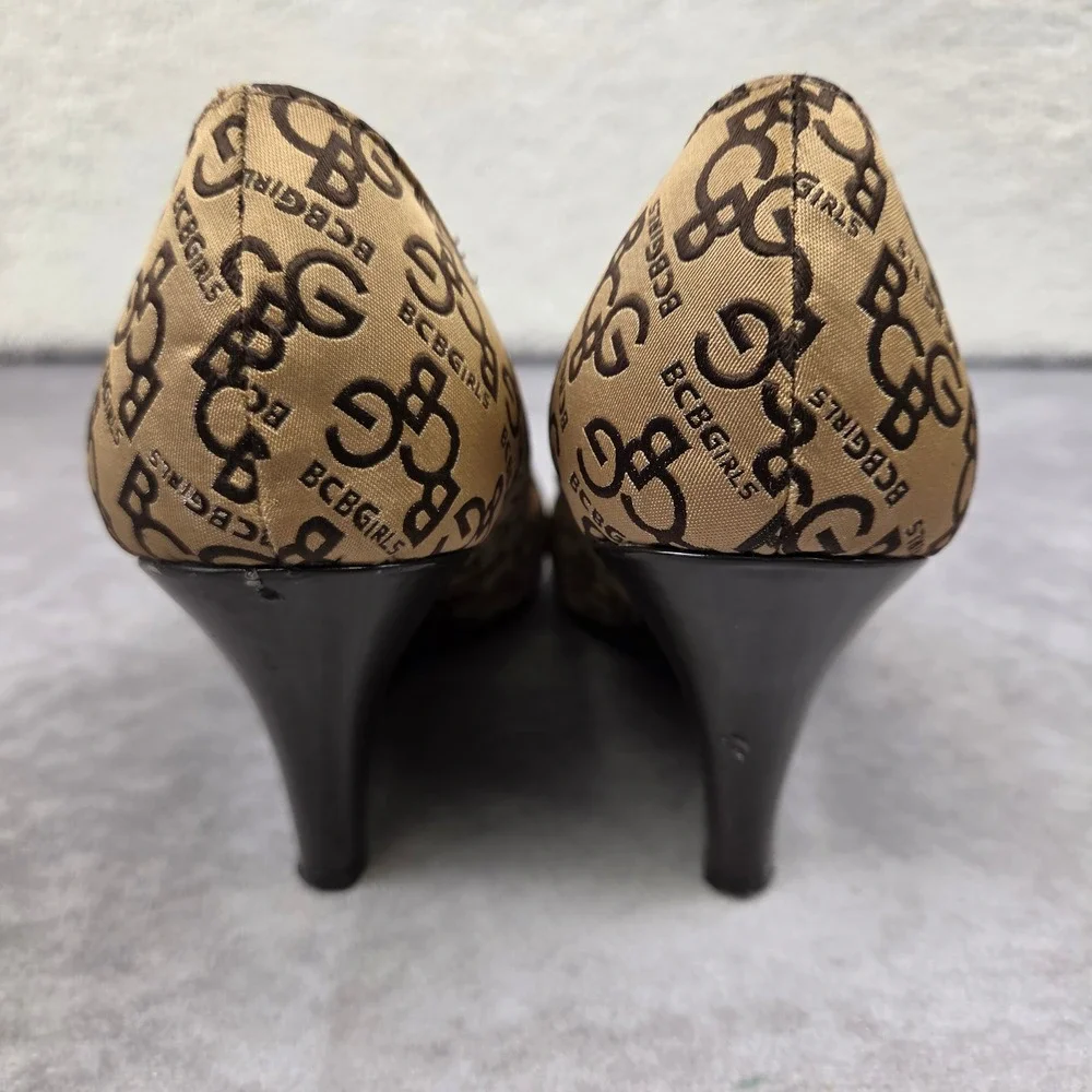 BCBGirls Waverly Monogram Logo Peep Toe Wedge Pumps Brown Tan 7B PL-WAVERLY